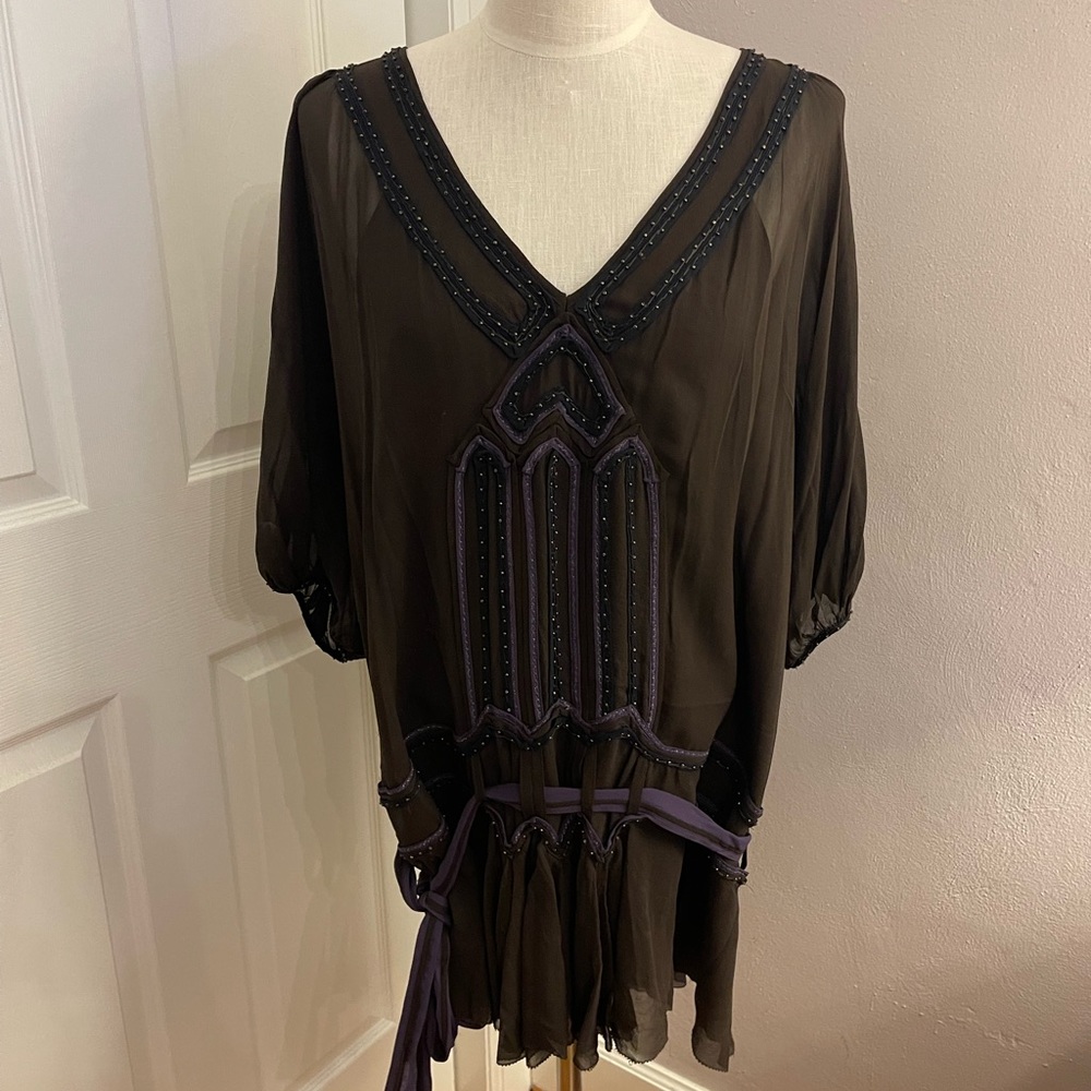 Leon Max limited edition 100% Silk beaded tunic top XL